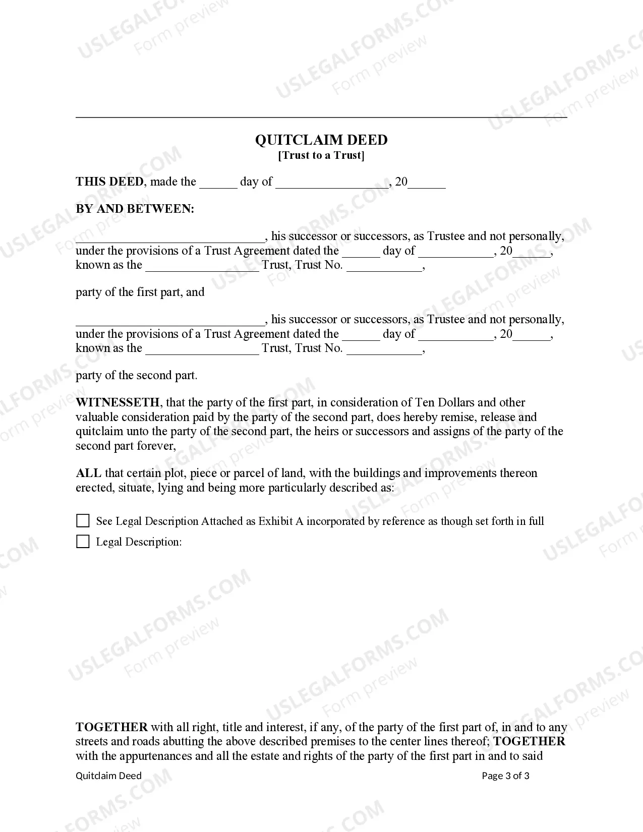 Preview Quitclaim Deed - Trust to a Trust