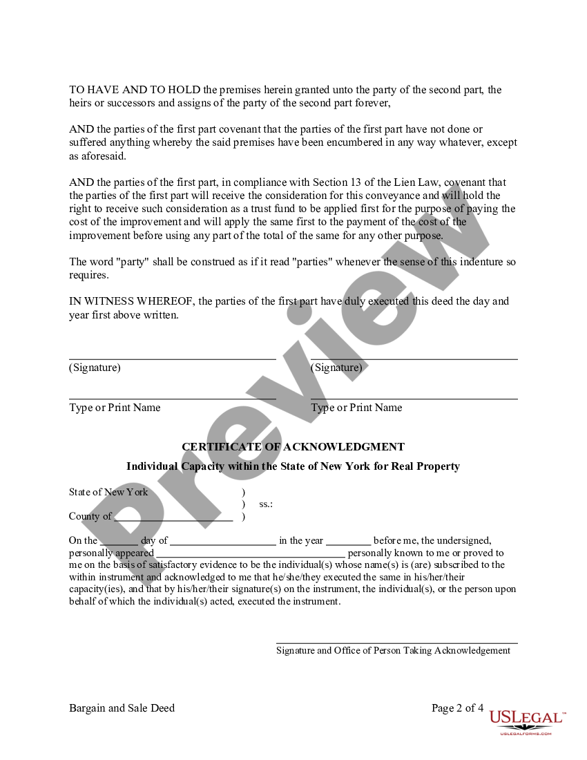 New York Bargain and Sale Deed with Covenant Against Grantors Acts ...