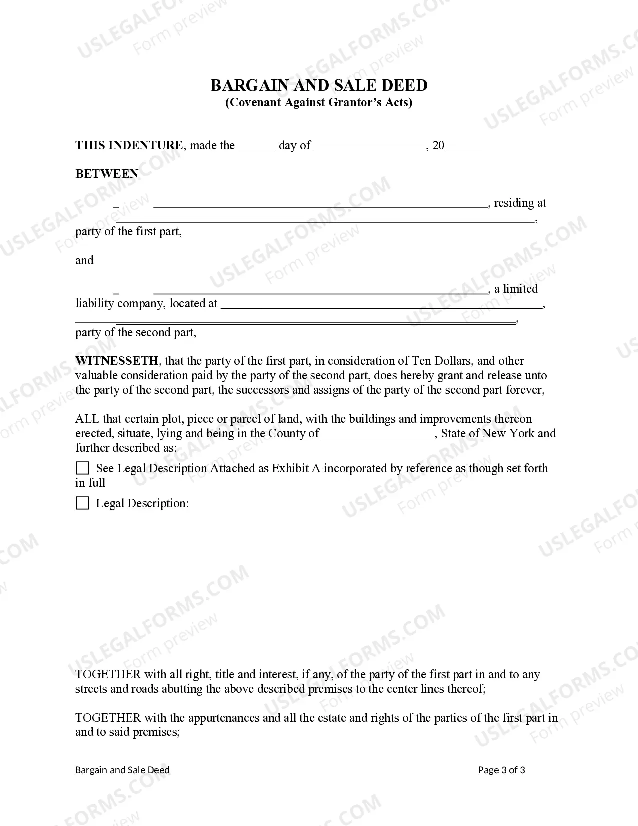 Preview Bargain and Sale Deed with Covenant Against Grantors Acts - Individual to LLC