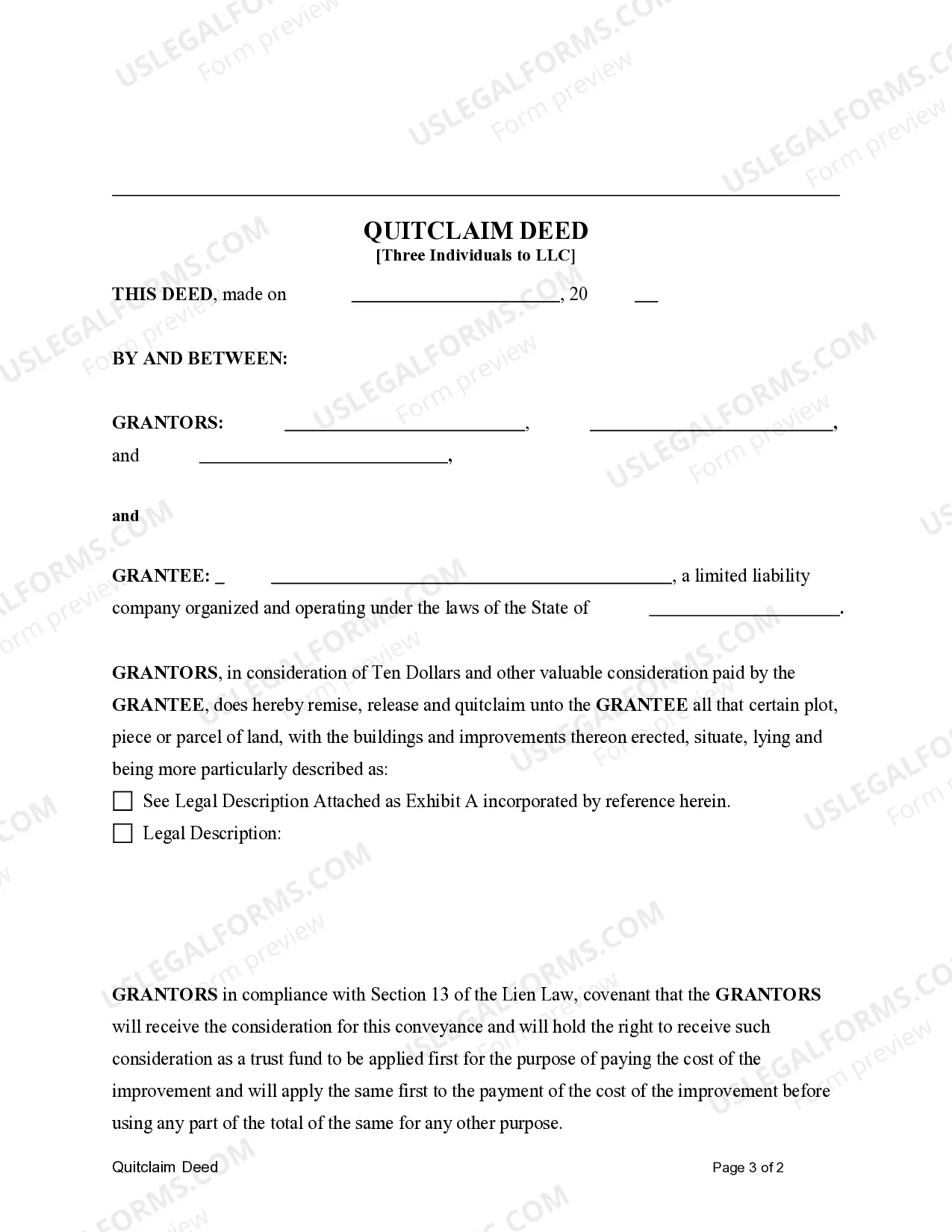 Preview Quitclaim Deed from Three Individuals to a Limited Liability Company