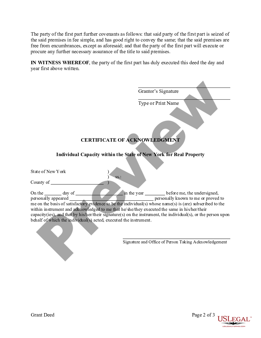 New York Grant Deed from an Individual to Two Individuals or Husband ...