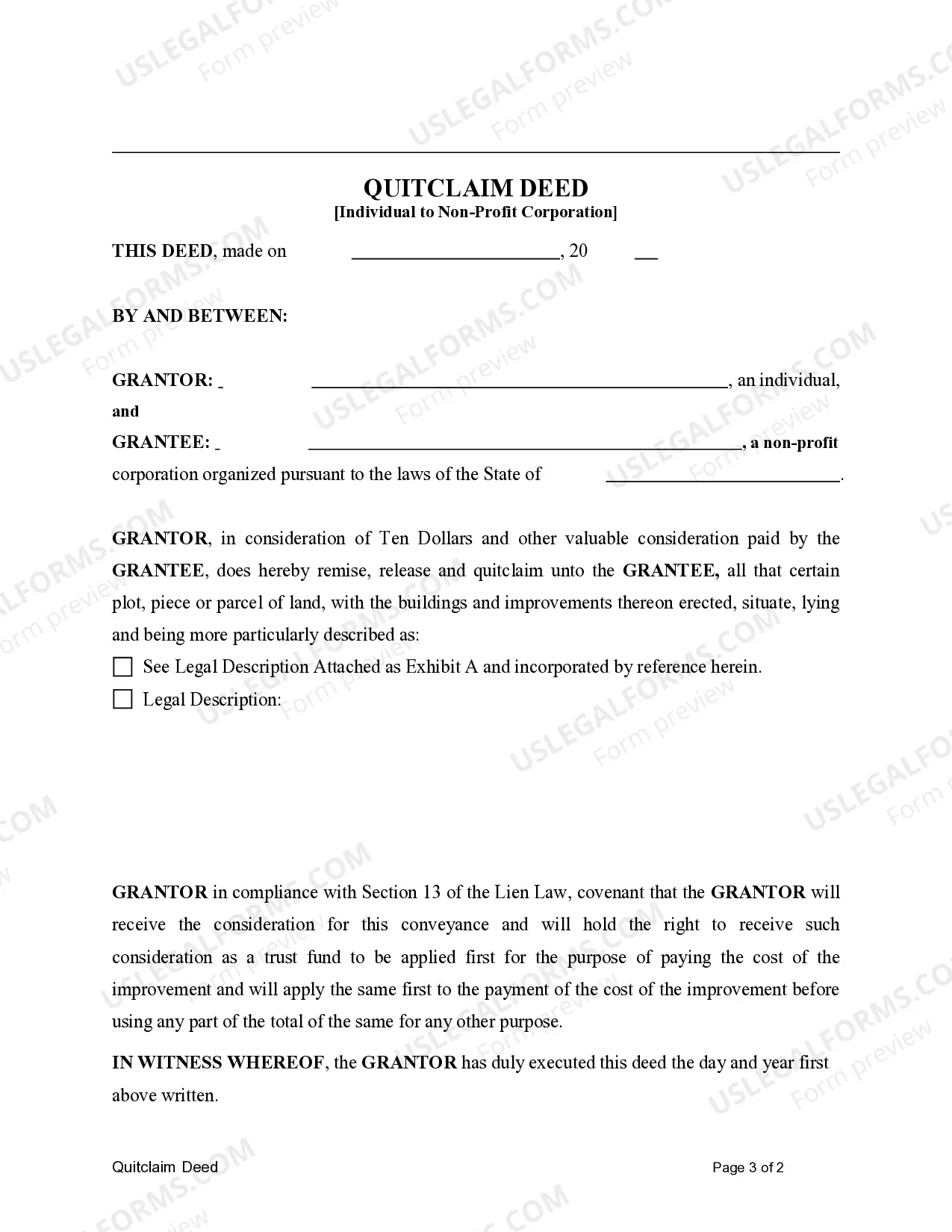 Preview Quitclaim Deed from an Individual to a Non-Profit Corporation