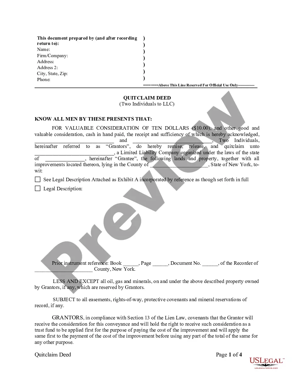 File No Quit Claim Deed State of New York Form
