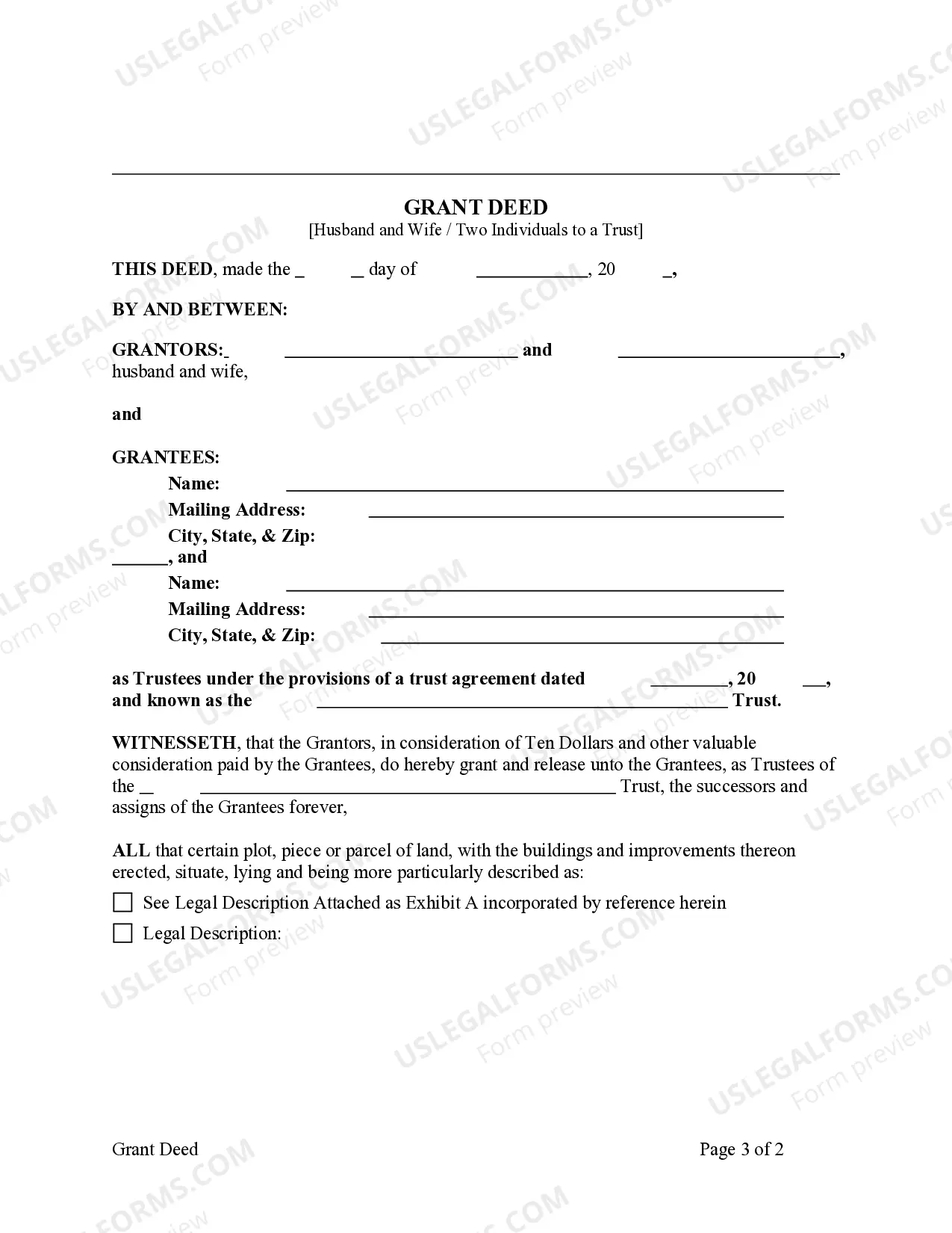 Preview Grant Deed from two Individuals, or Husband and Wife, to Trust