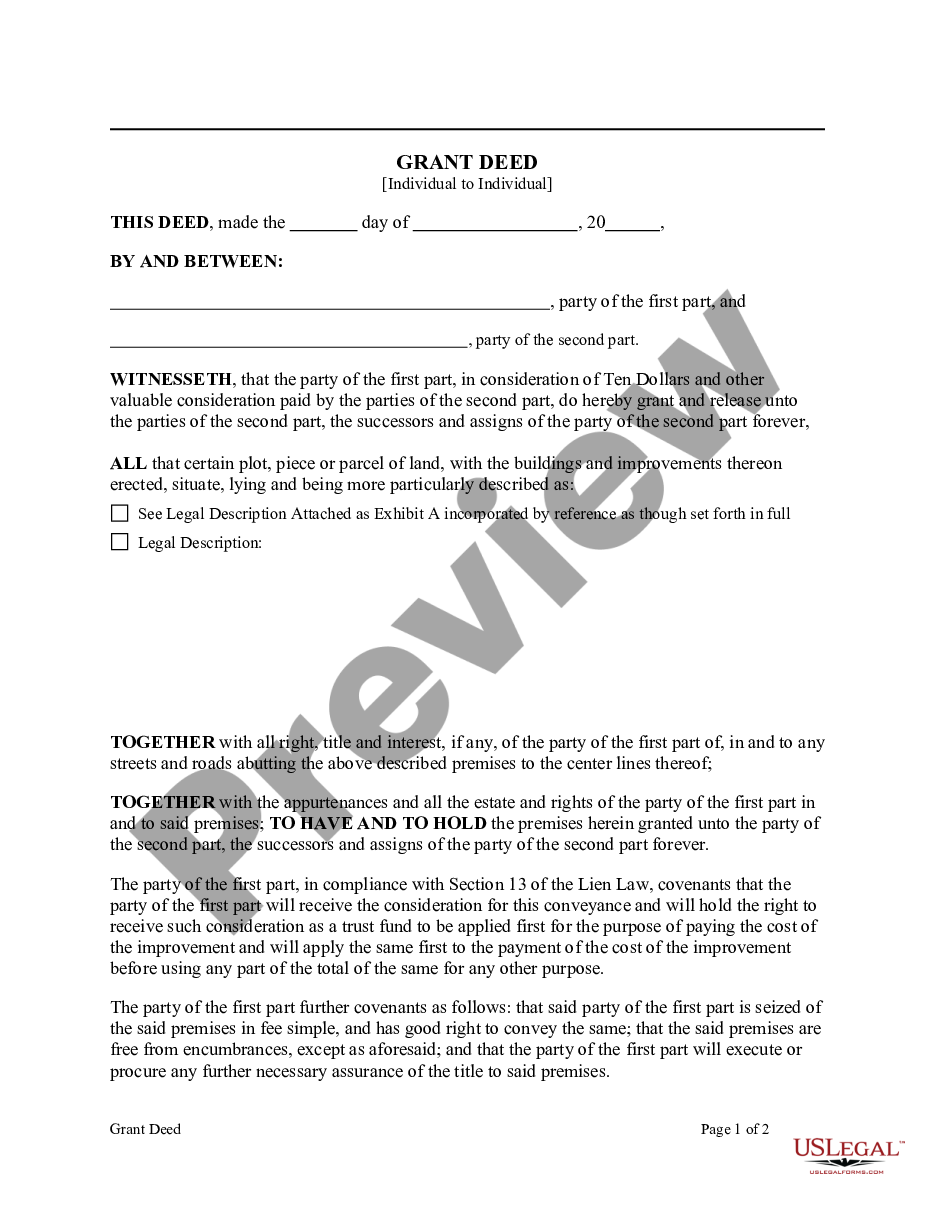 New York Grant Deed from Individual to Individual New York Deed US