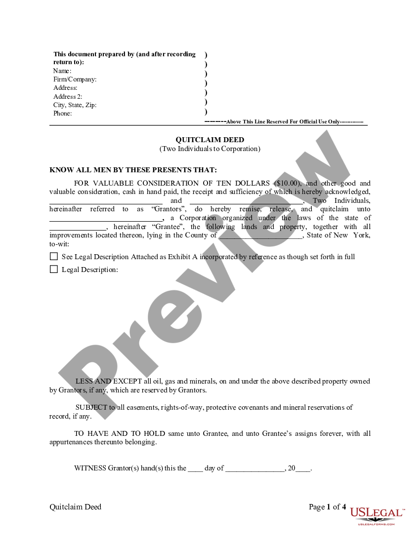 New York Quitclaim Deed by Two Individuals to Corporation - New York ...