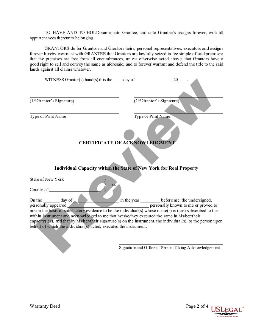 New York Warranty Deed from two Individuals to Corporation - New York ...