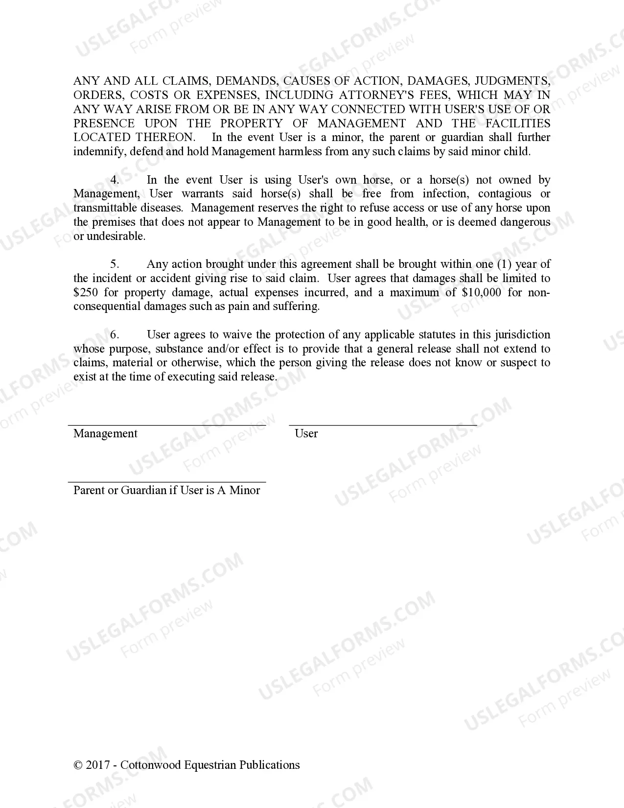 Preview Lesson, Horse Rental or Lease, and Arena Use Release - Horse Equine Forms