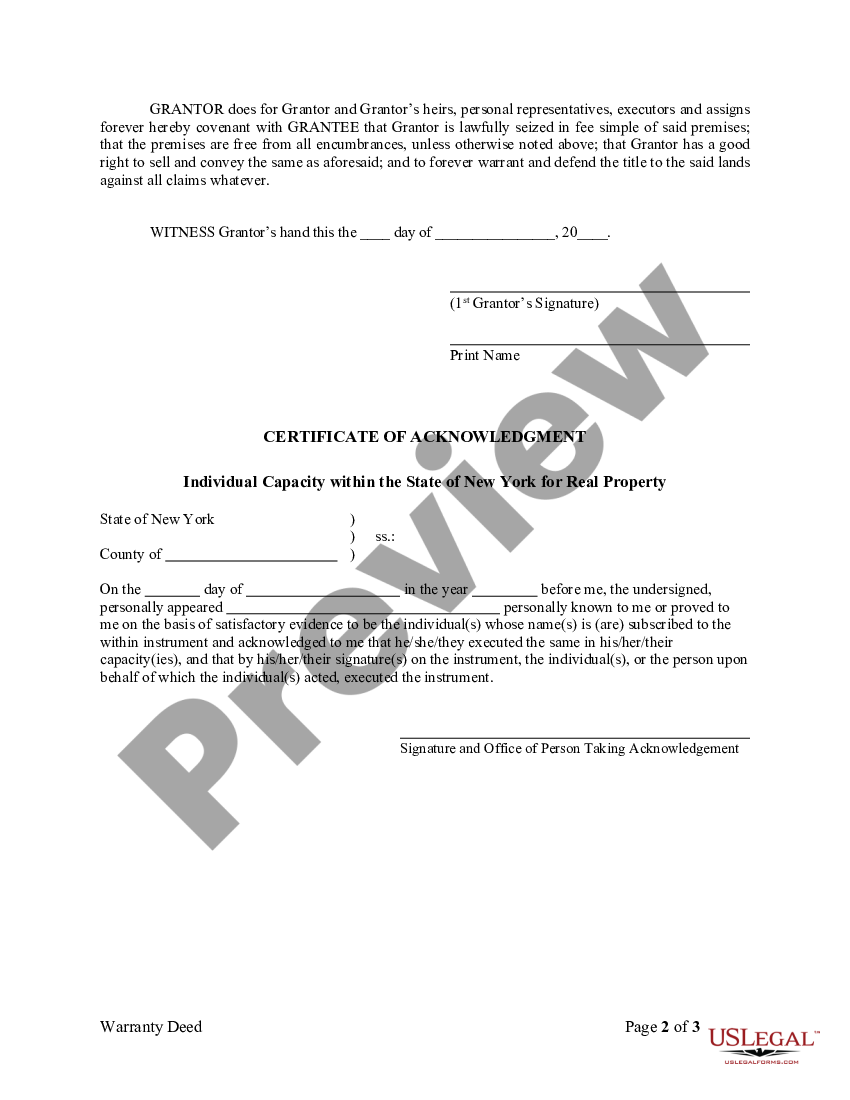 New York Warranty Deed From Individual To Corporation New York Warranty Us Legal Forms 3429