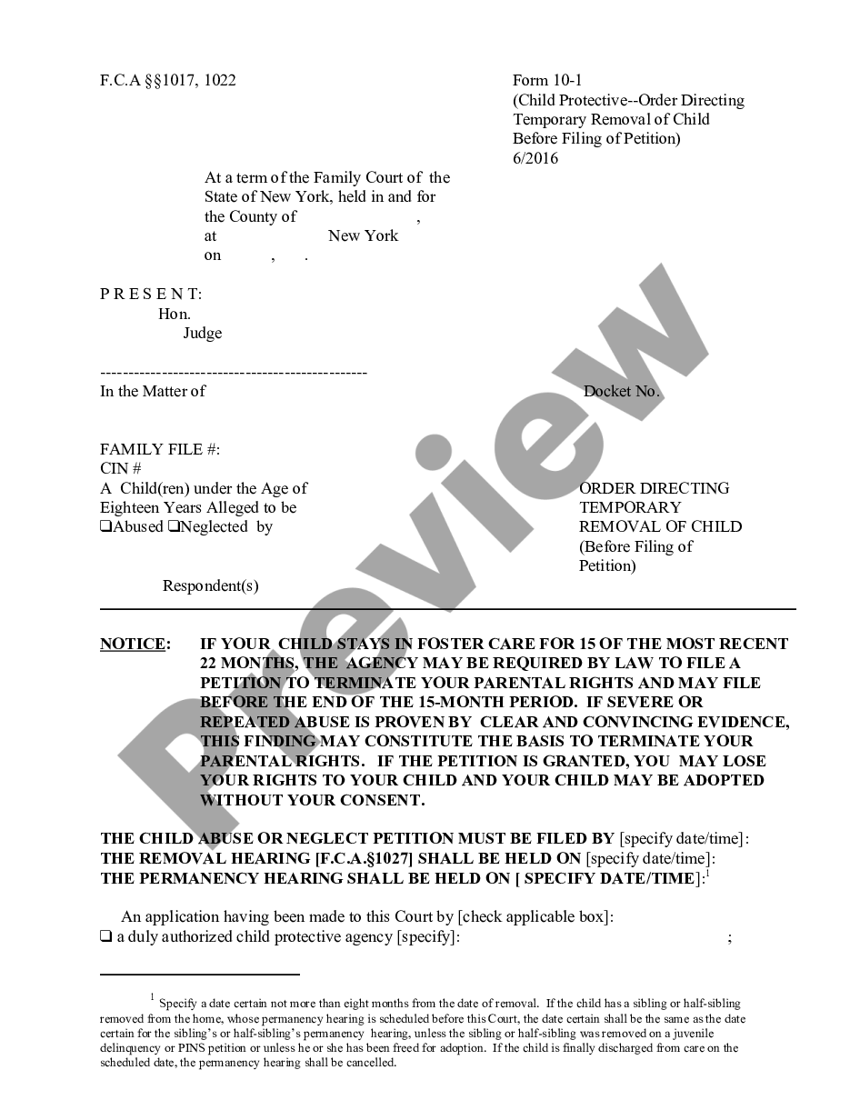 form Child Protective - Order - Directing Temporary Removal of Child Before Petition Filed preview