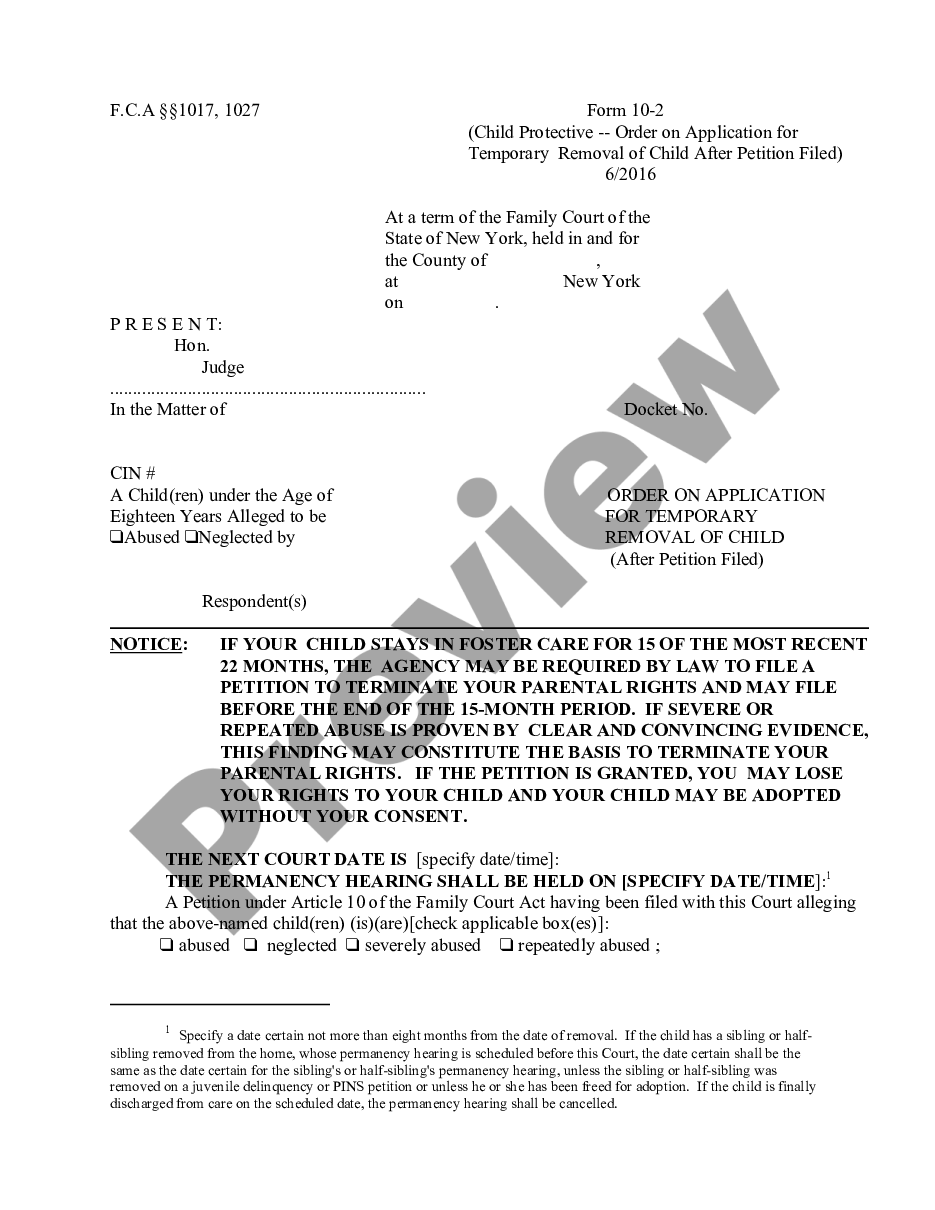 form Child Protective - Order on Application Directing Temporary Removal of Child After Petition Filed preview