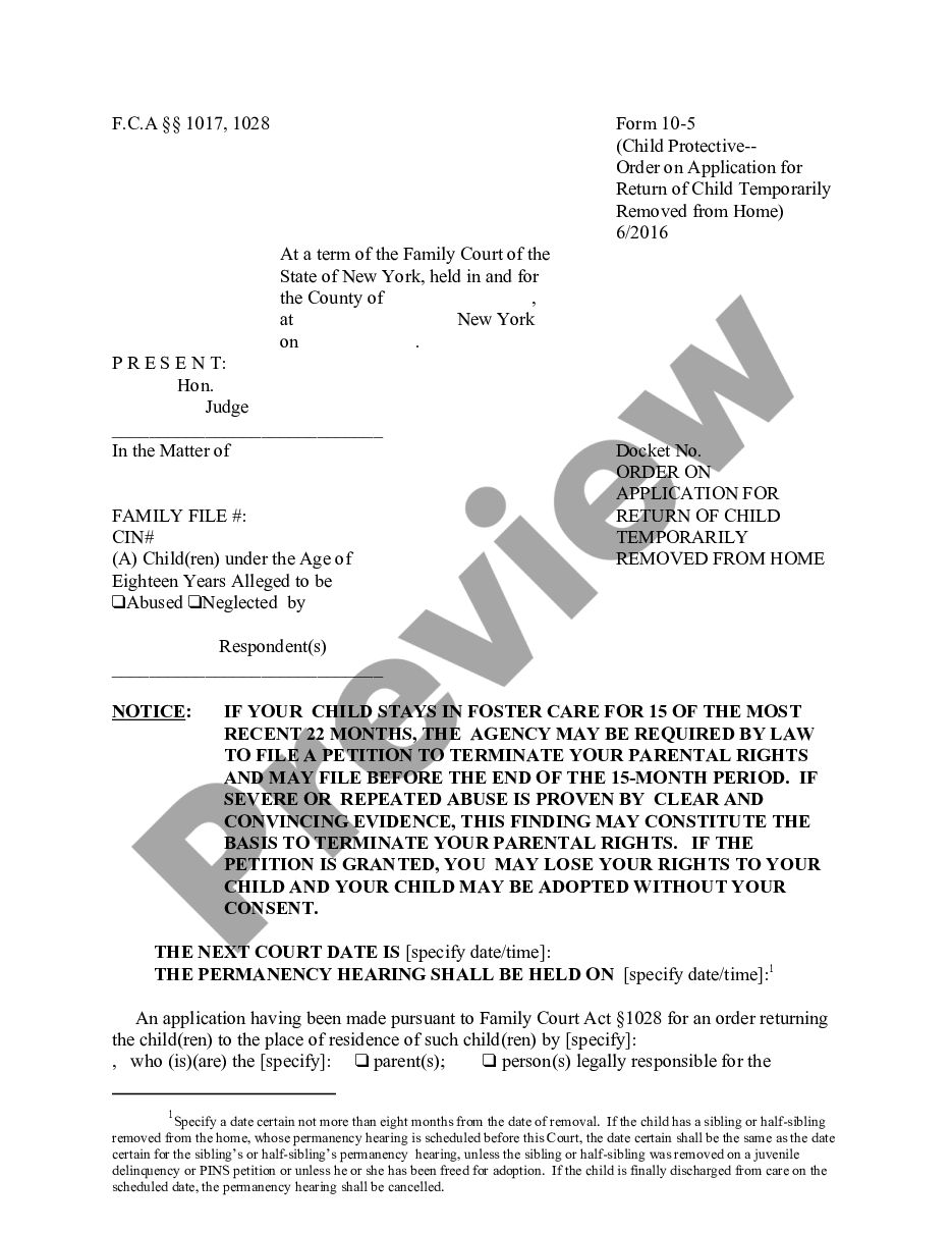 page 0 Child Protective - Order on Application for Return of Child Temporarily Removed from Home preview