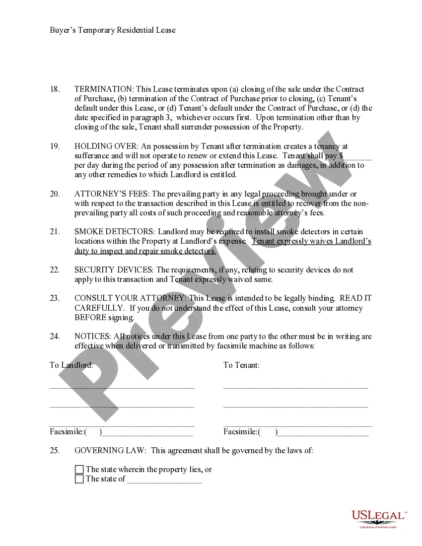 Preview Temporary Lease Agreement to Prospective Buyer of Residence prior to Closing