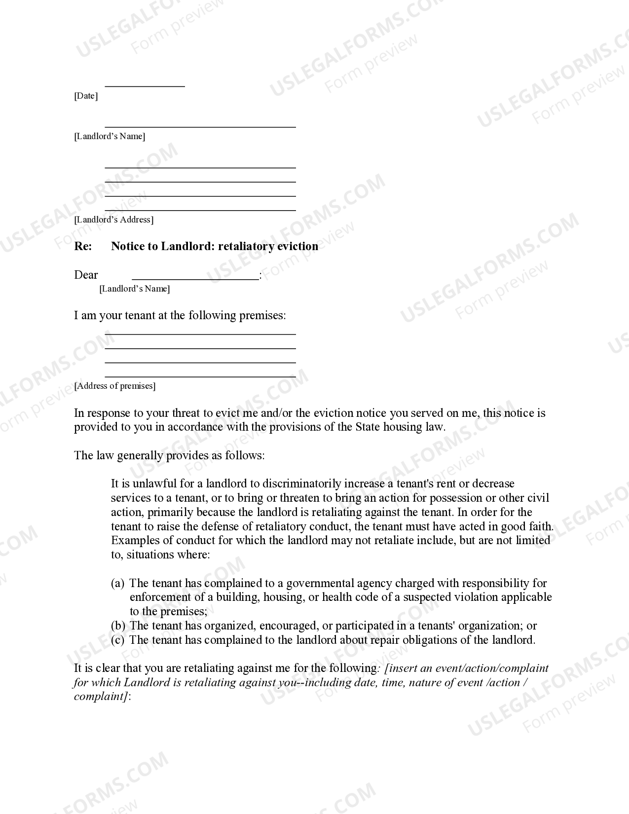 New York Letter from Tenant to Landlord containing Notice to landlord
