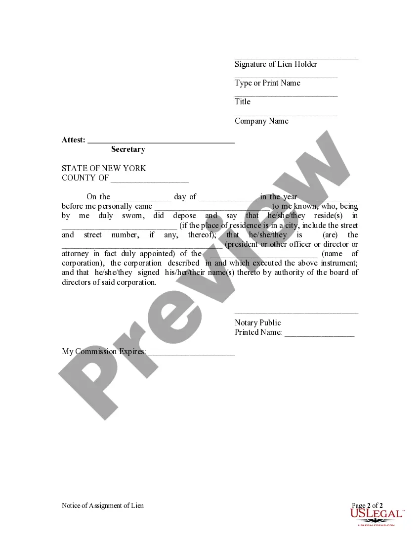 Preview Notice of Assignment of Lien - Corporation
