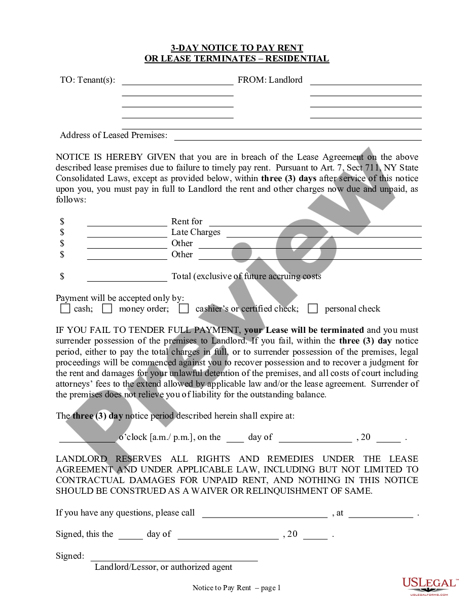 page 0 3 Days Notice to Pay Rent or Lease Terminates for Residential Property from Landlord to Tenant preview
