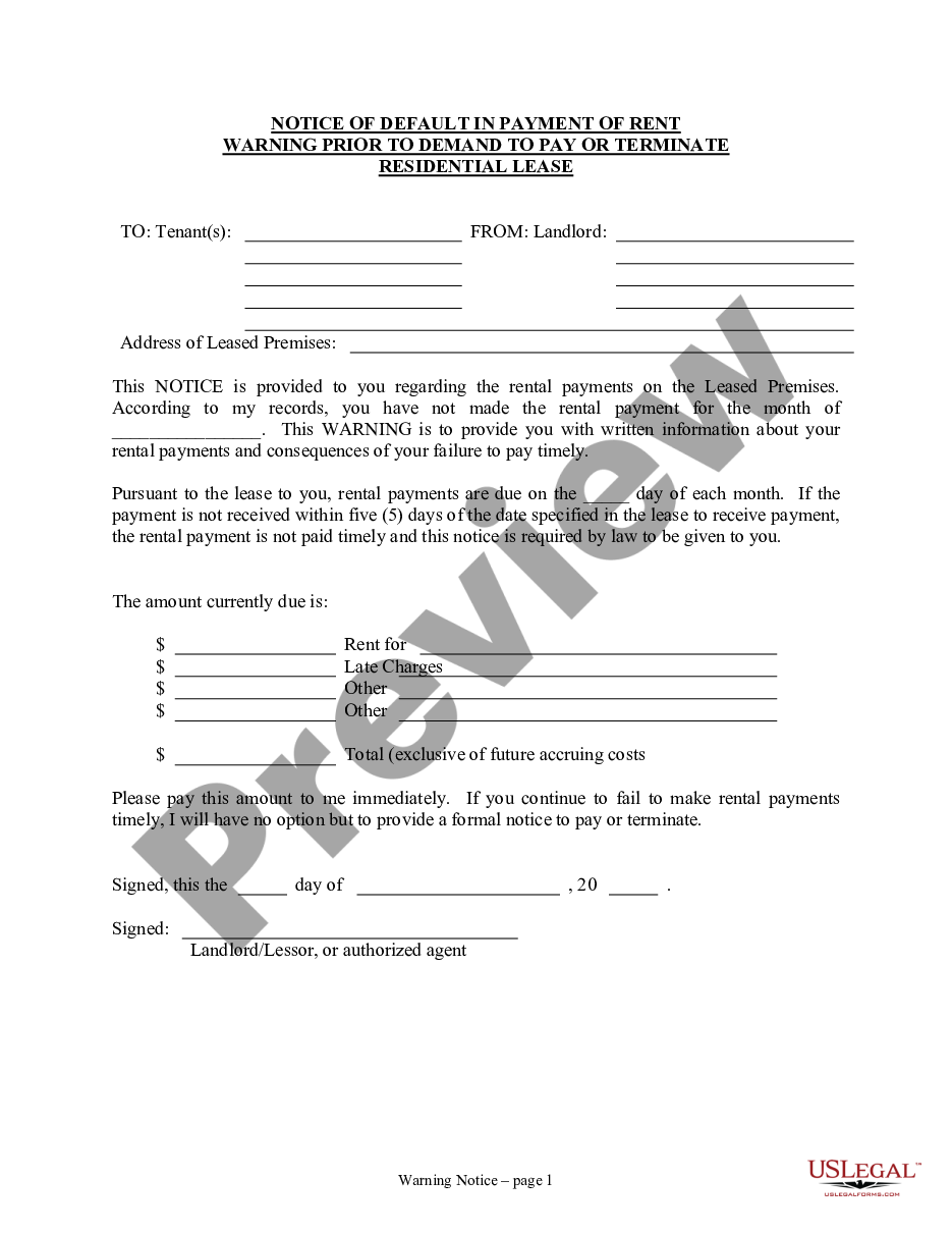 page 0 Notice of Default in Payment of Rent as Warning Prior to Demand to Pay or Terminate for Residential Property preview
