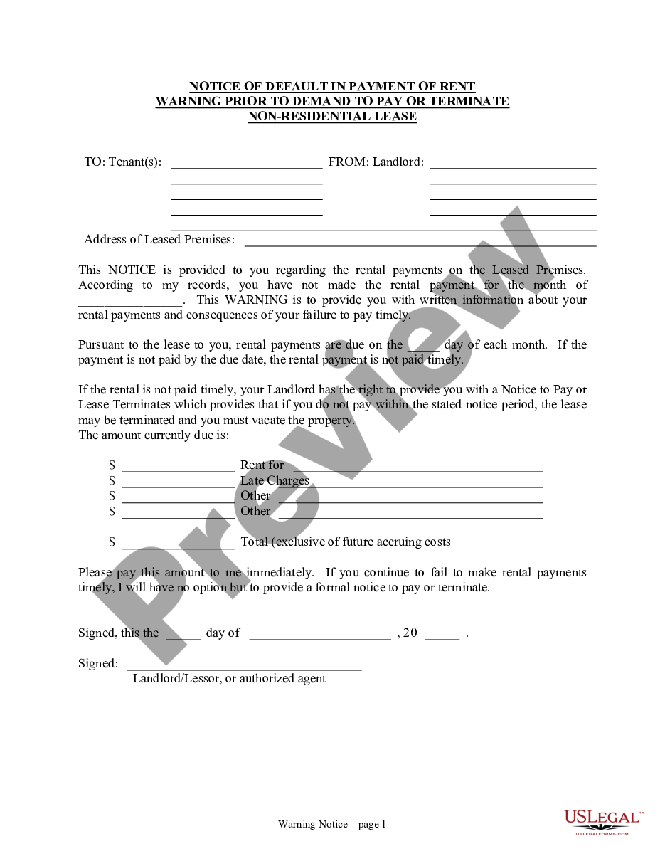 page 0 Notice of Default in Payment of Rent as Warning Prior to Demand to Pay or Terminate for Nonresidential or Commercial Property preview