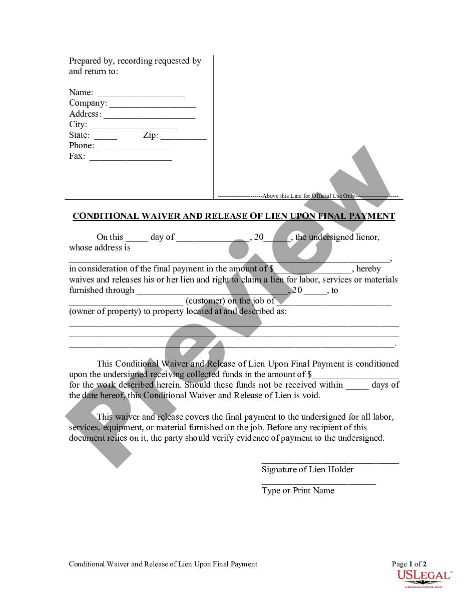 New York Conditional Waiver And Release Of Lien Upon Final Payment Lien Waiver Form New York 2189