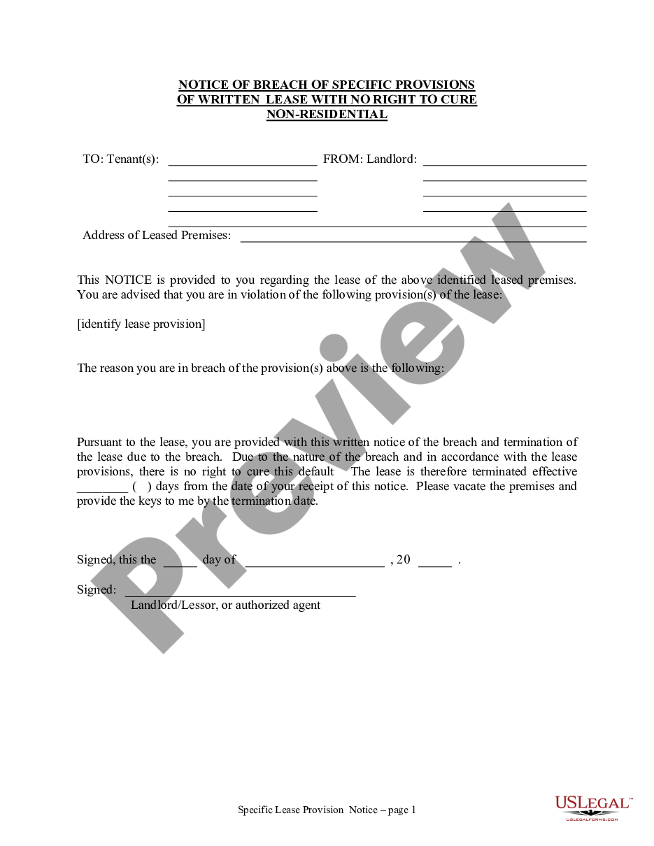 page 0 Notice of Breach of Written Lease for Violating Specific Provisions of Lease with No Right to Cure for Nonresidential Property from Landlord to Tenant preview