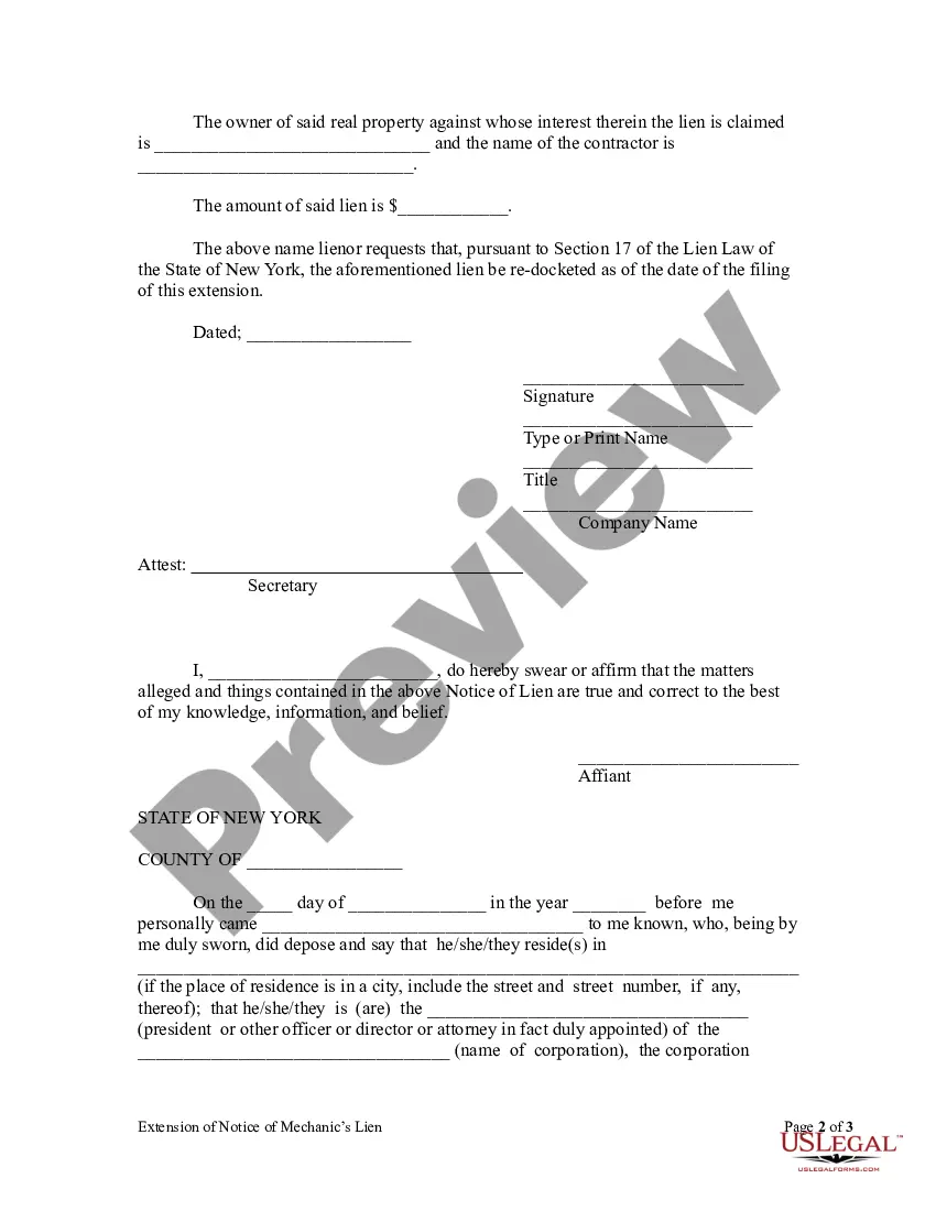 Get Extension of Notice of Mechanic's Lien - Corporation Preview Extension of Notice of Mechanic's Lien - Corporation