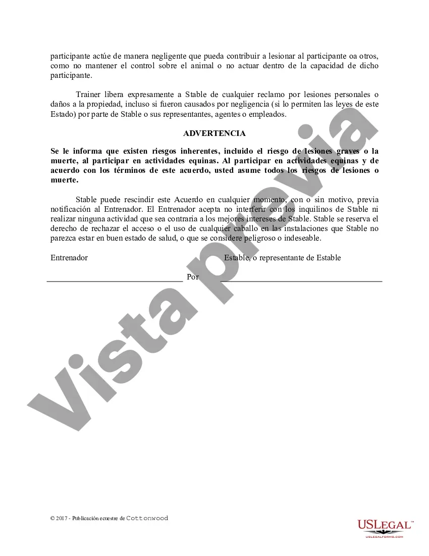 Preview Acuerdo de uso de las instalaciones del entrenador - Formularios equinos de caballos