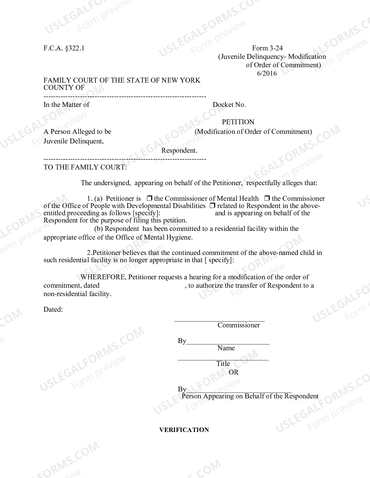 New York Petition Modification of Order of Commitment US Legal Forms