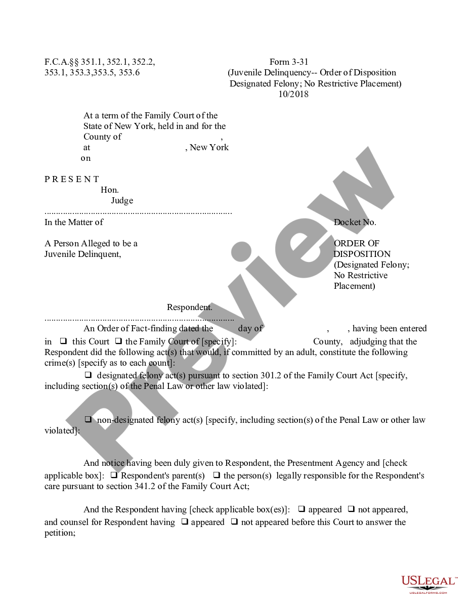page 0 Order of Disposition - Designated Felony - No Restrictive Placement preview