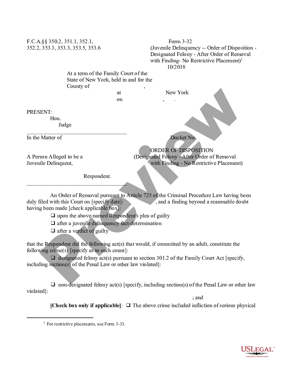 page 0 Order of Disposition - Designated Felony - After Order of Removal with Finding - No Restrictive Placement preview