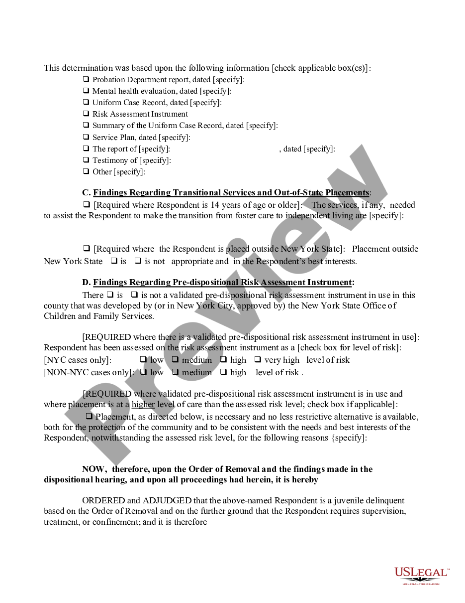 page 4 Order of Disposition - Designated Felony - After Order of Removal with Finding - No Restrictive Placement preview