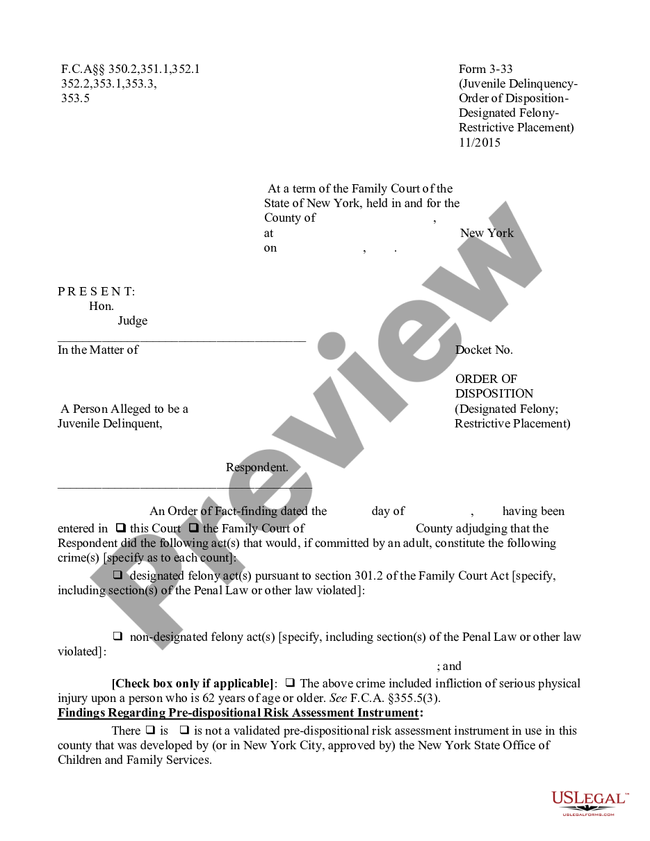 page 0 Order of Disposition - Designated Felony - Restrictive Placement preview