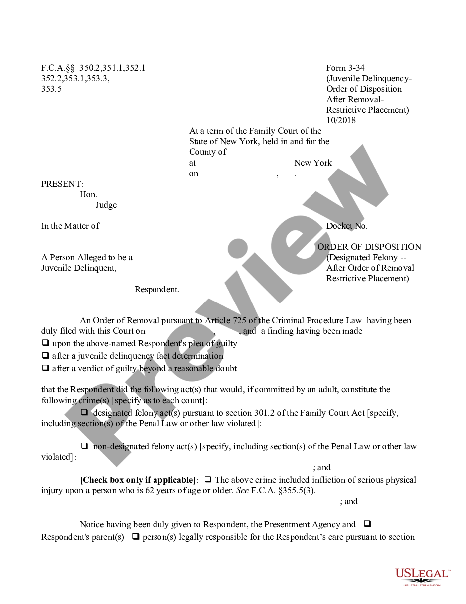 page 0 Order of Disposition - Designated Felony - After Order of Removal with Finding - Restrictive Placement preview