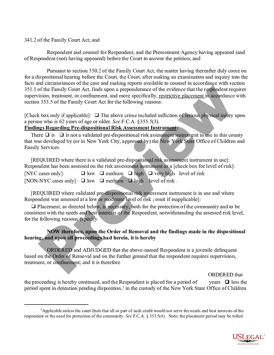 page 1 Order of Disposition - Designated Felony - After Order of Removal with Finding - Restrictive Placement preview
