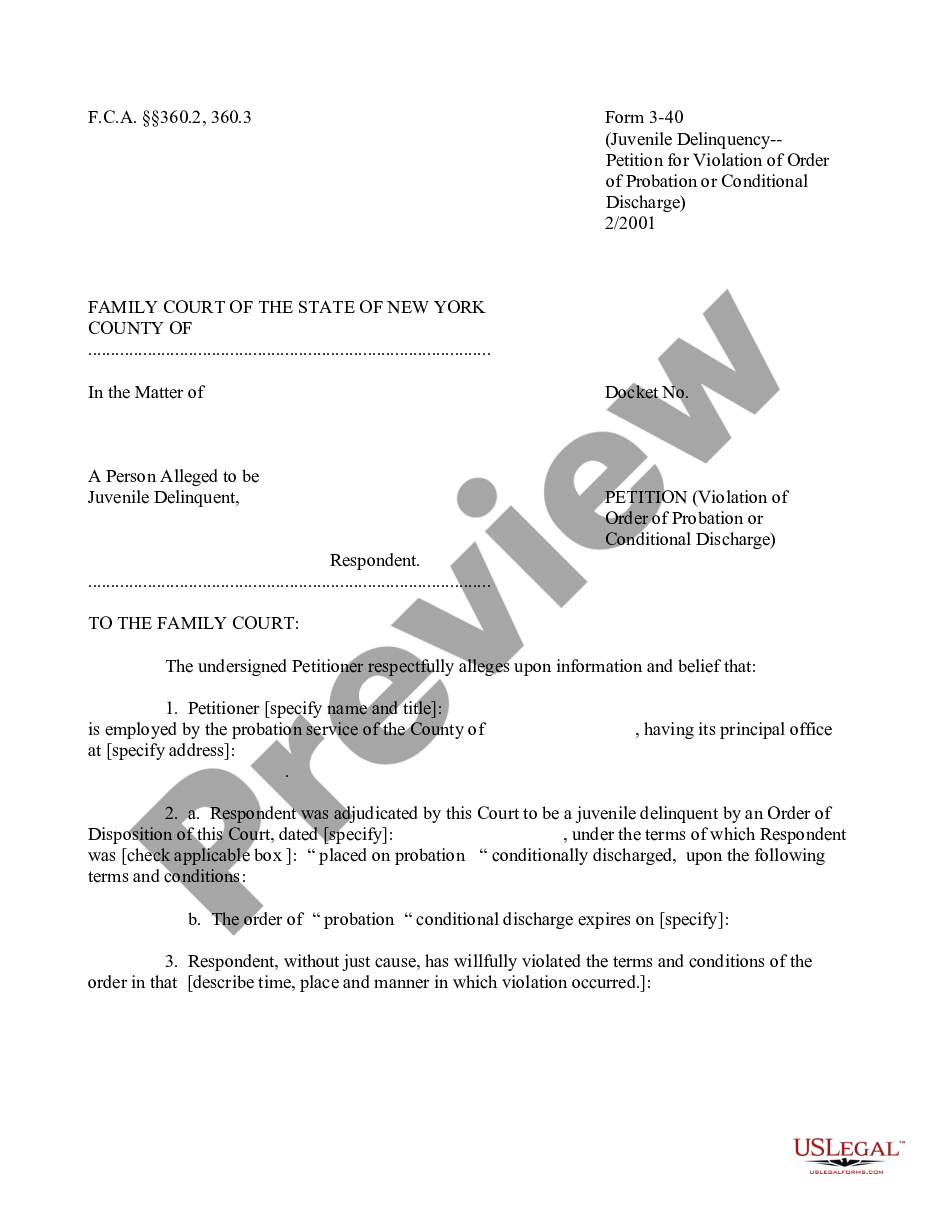 page 0 Juvenile Delinquency - Petition for Violation of Order of Probation or Conditional Discharge preview