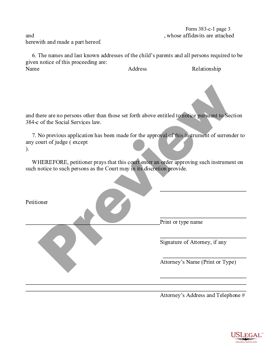 form Petition for Approval of Surrender Instrument - Child in Foster Care 12-97 preview