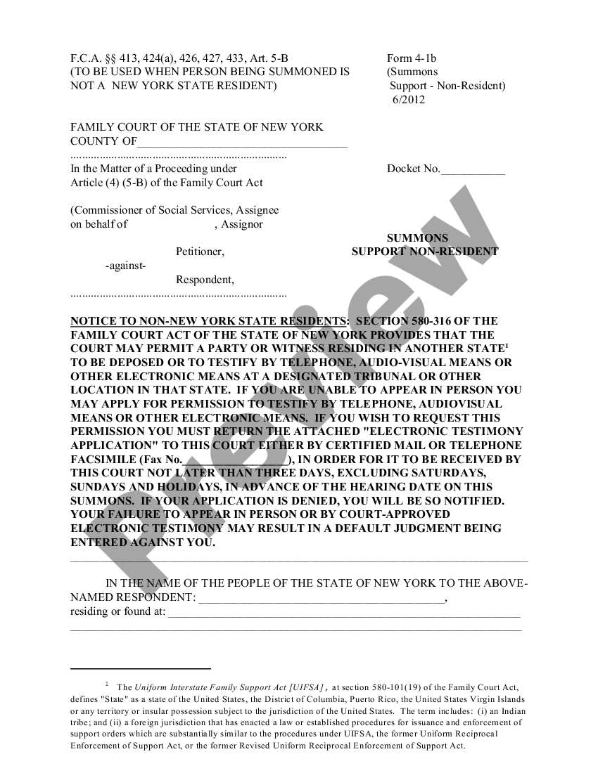 Nassau New York Summons - Support - Nonresident | US Legal Forms