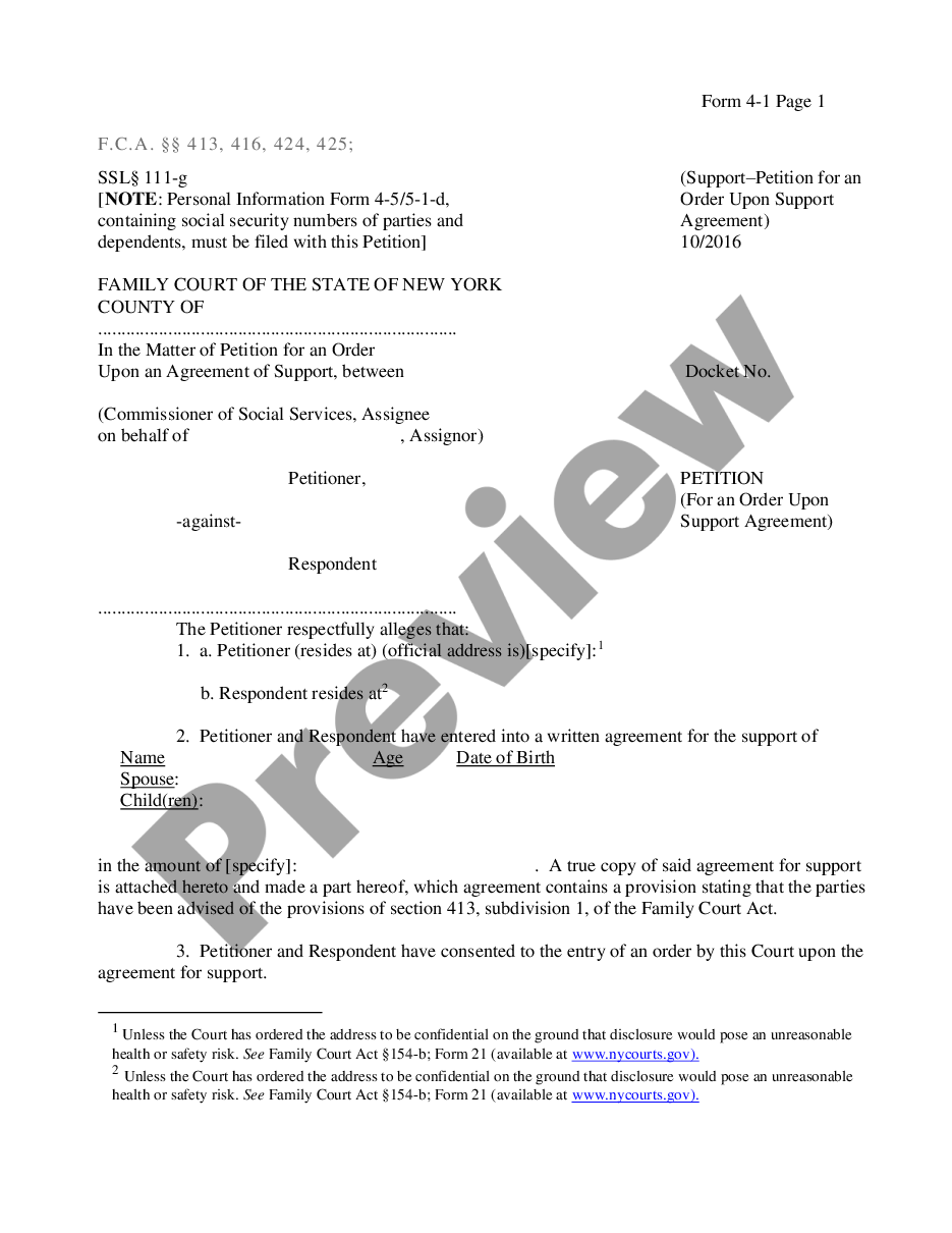 page 0 Petition - For an Order Upon Support Agreement preview