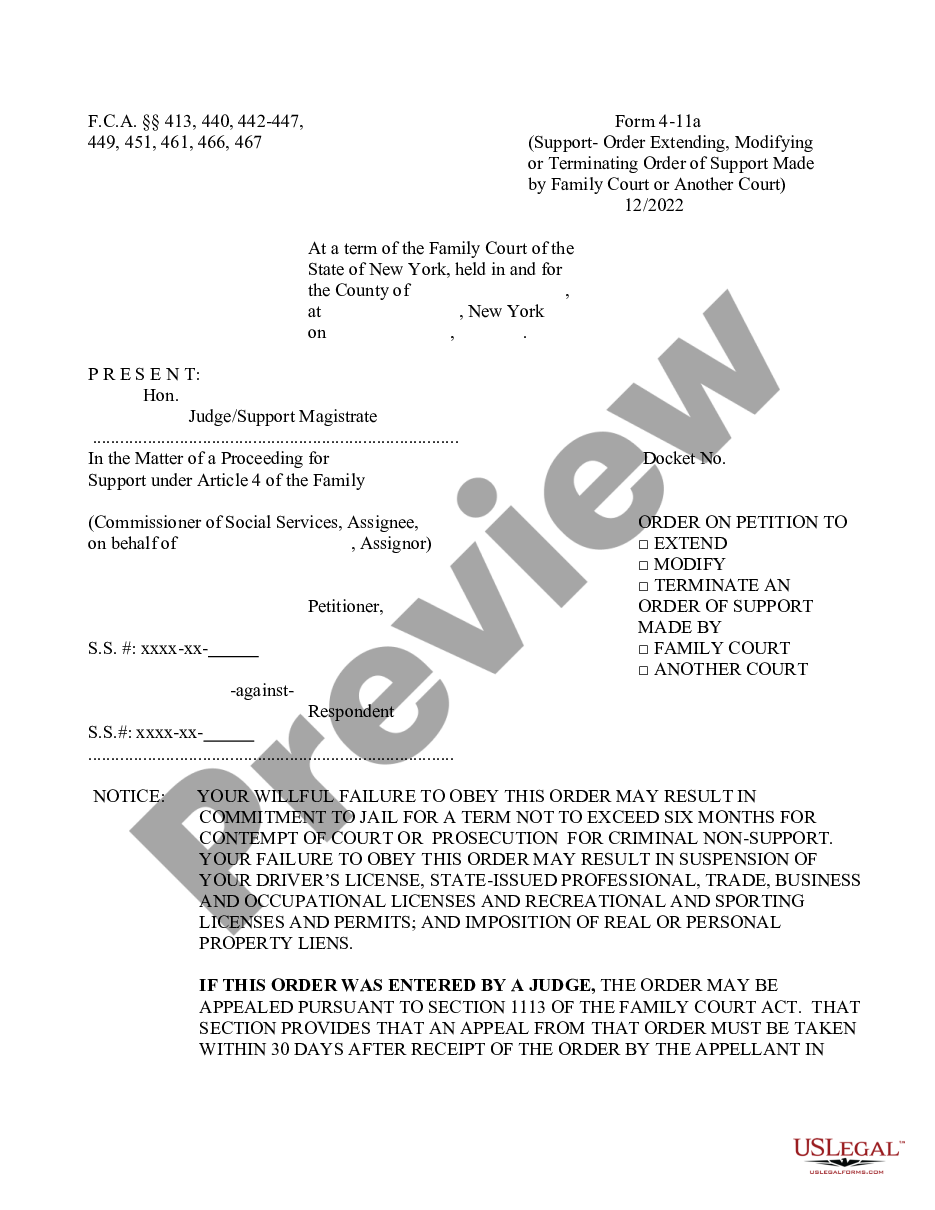 page 0 Order Extending, Modifying or Terminating Order Made by Family Court or Another Court - Support - Custody - Visitation preview