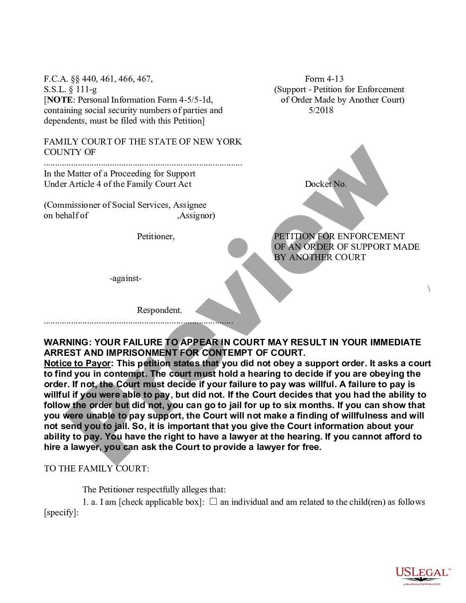 page 0 Petition for Enforcement of Order Made by Another Court - Support - Custody - Visitation preview
