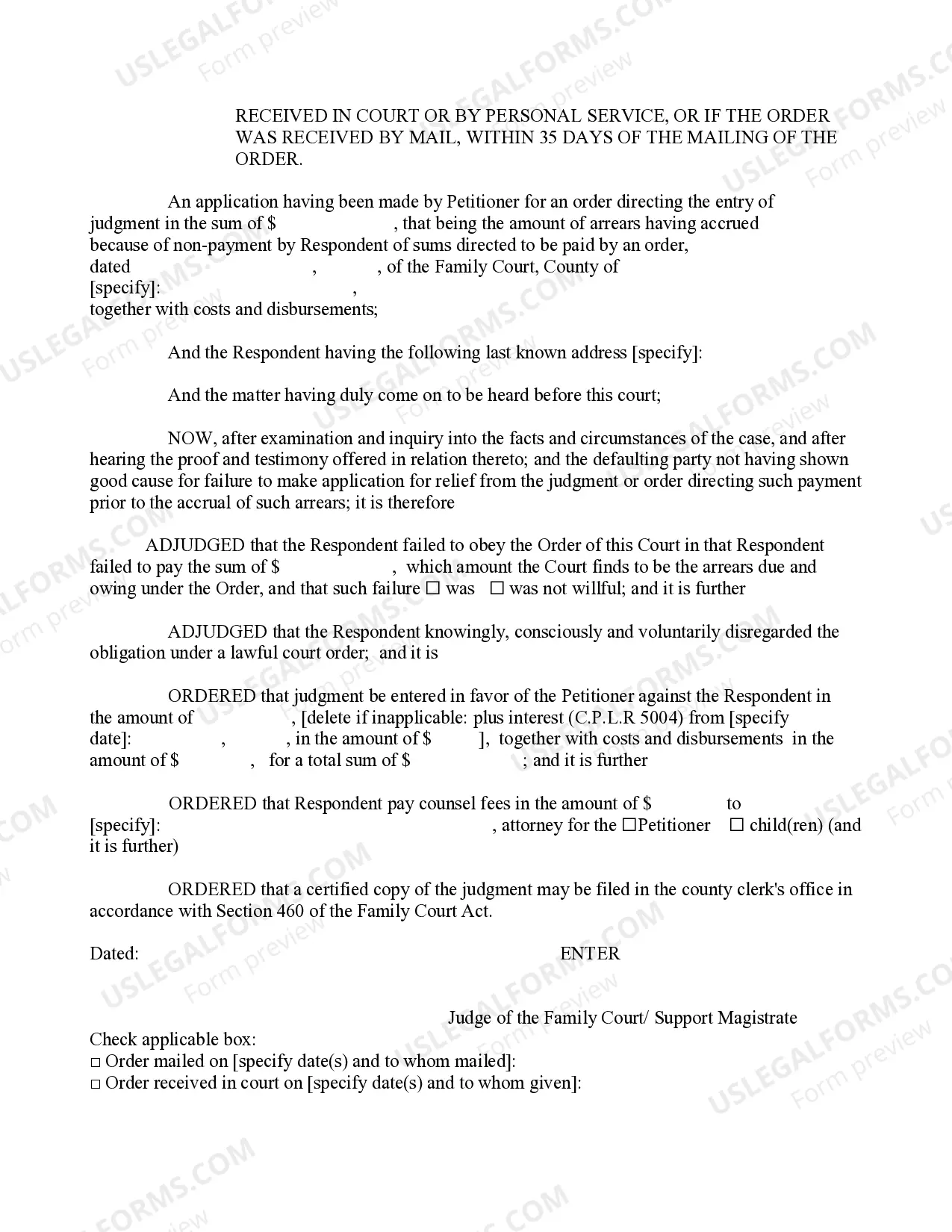 Preview Order (Entry of Money Judgment)