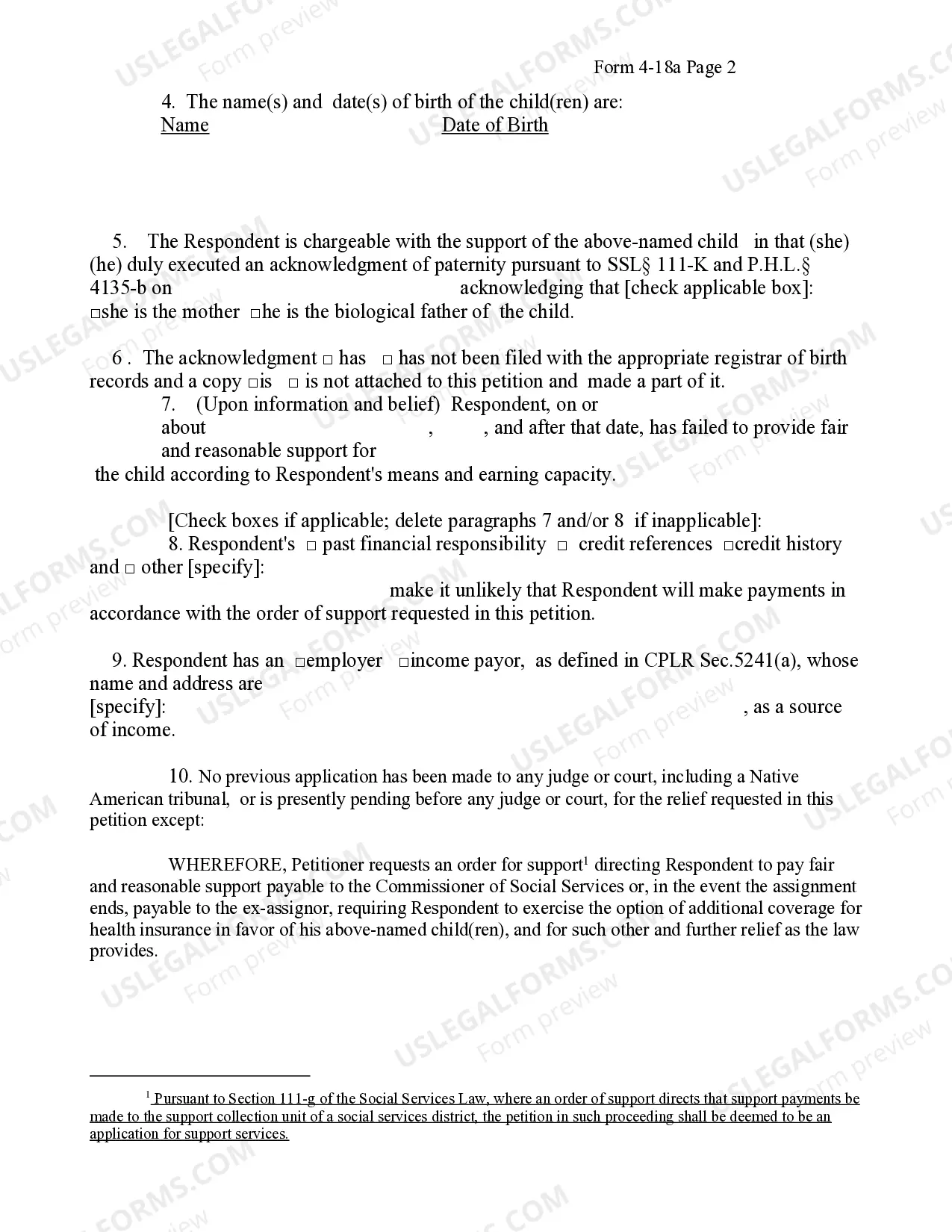 Preview Petition For Support After Acknowledgment of Paternity (Commissioner)