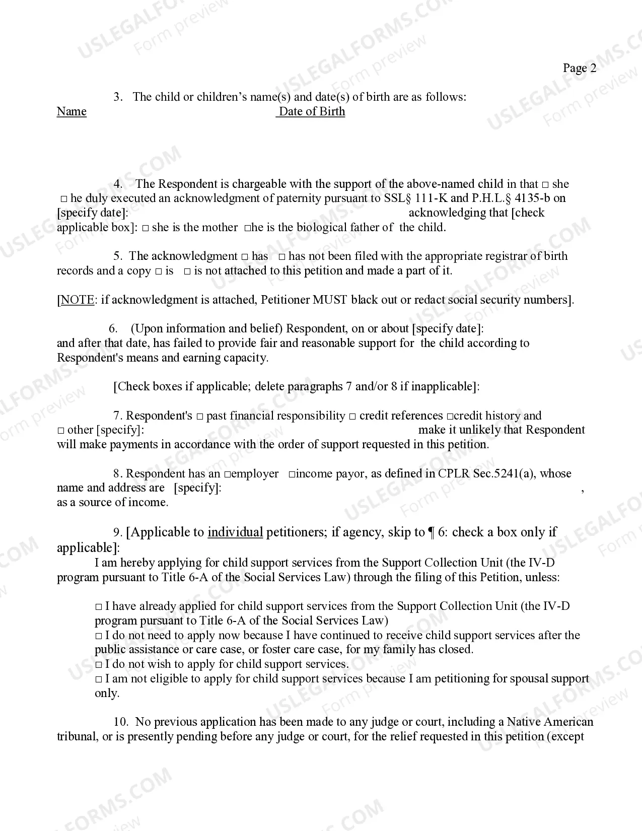 Preview Petition For Support After Acknowledgment of Paternity (Individual)