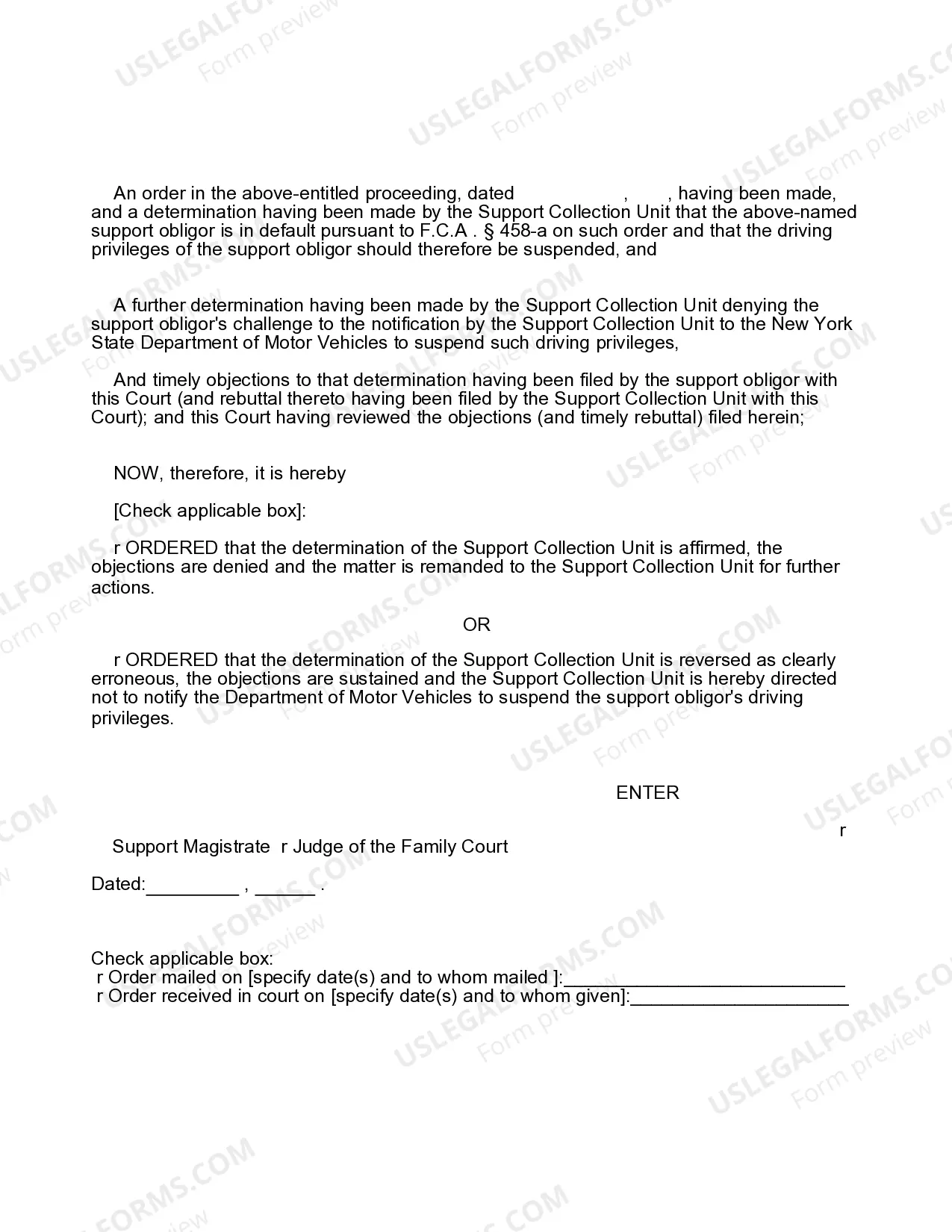Preview Order (Objections To Support Review of Drivers License Suspension)