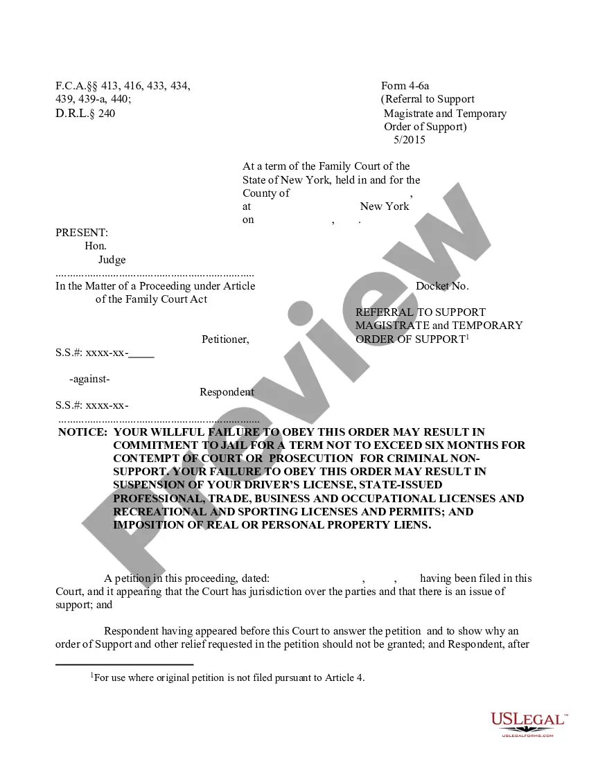 Nassau New York Referral To Support Magistrate And Temporary Order Of Support Us Legal Forms 9520