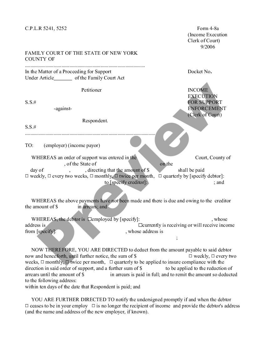 New York Execution for Support Enforcement Clerk of Court US