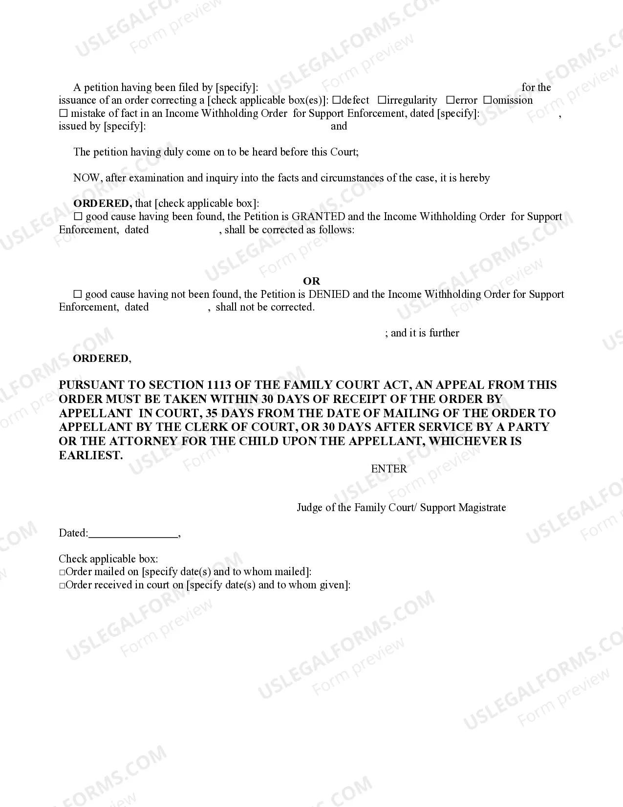 Preview Order To Correct Income Execution For Support Enforcement