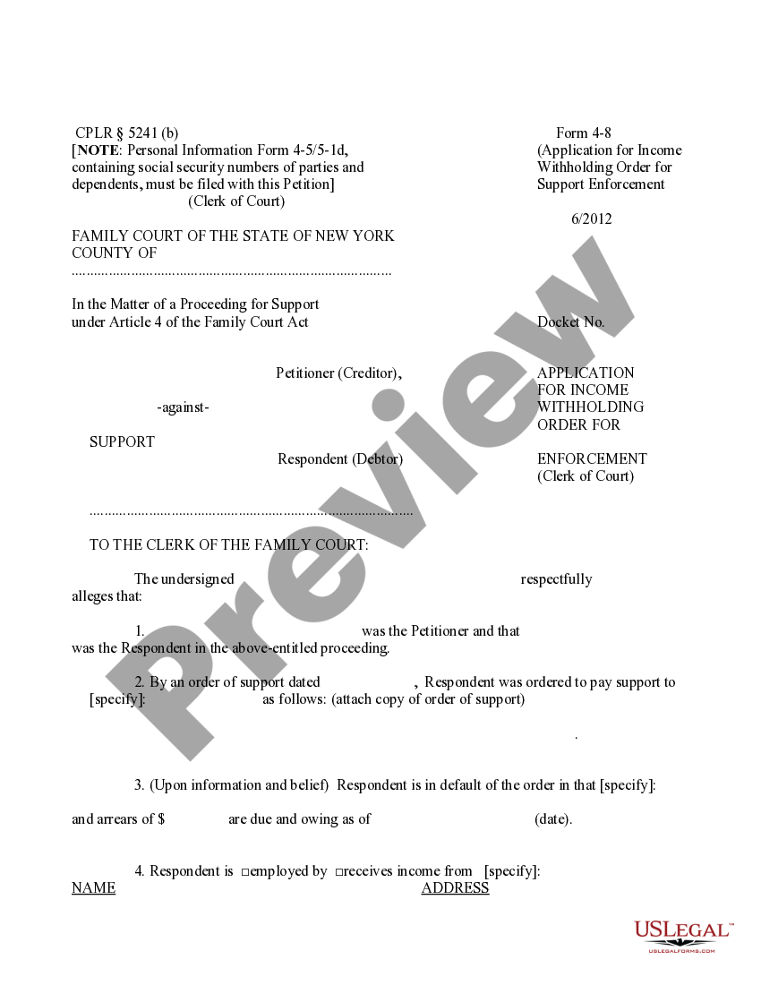 New York Application for Execution for Support Enforcement New