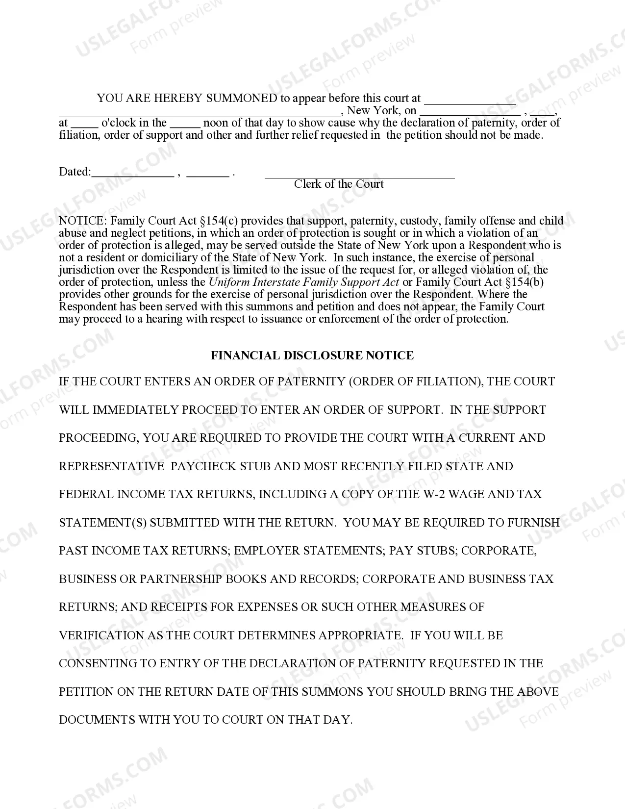 Preview Summons-Paternity (Service Within NYS)