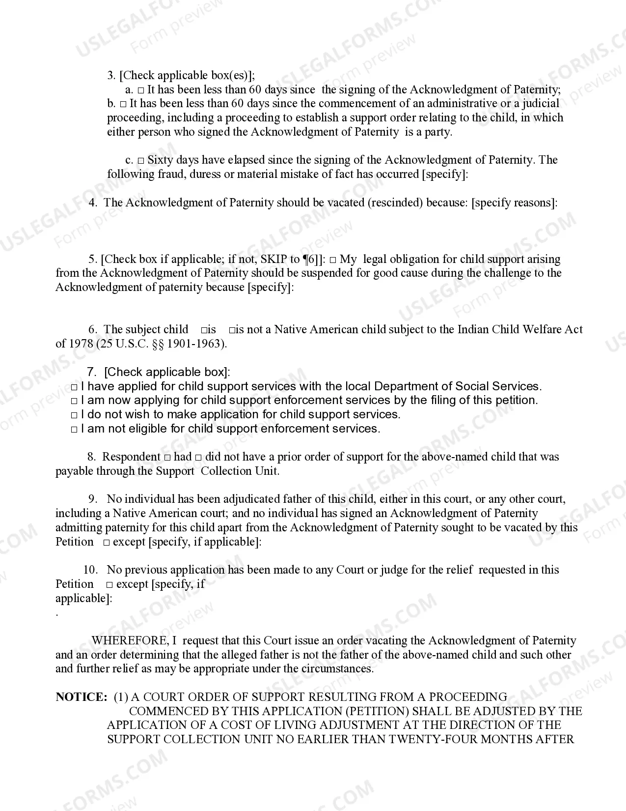 Preview Petition To Vacate Acknowledgement of Paternity