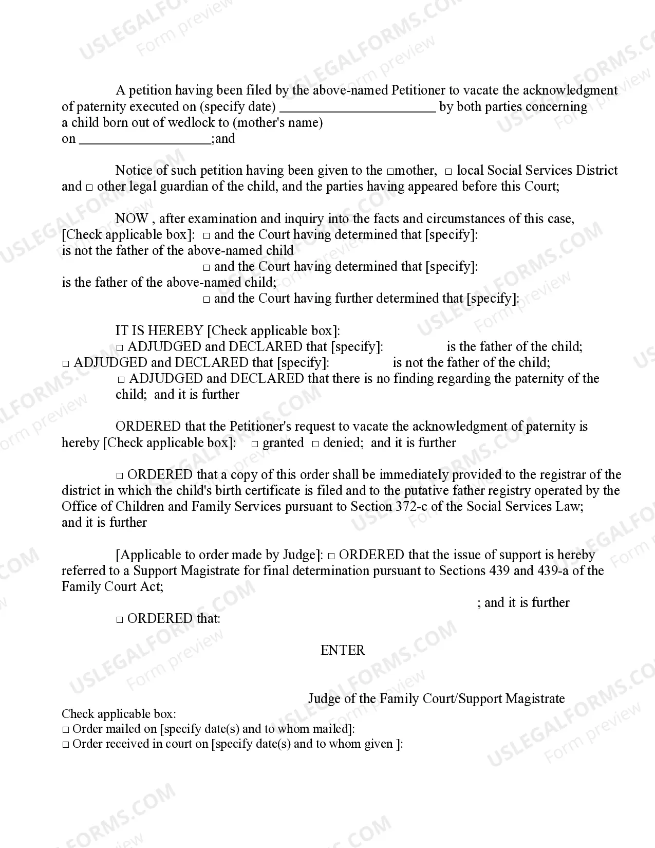 Preview Order On Petition To Vacate Acknowledgment of Paternity